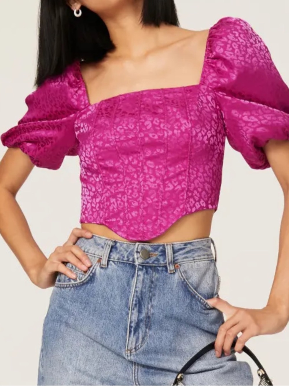 Saylor Korey Fuschia Satin Leopard Puff Sleeve Corset Top M